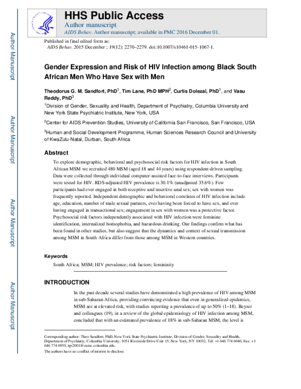 (PDF) Gender Expression and Risk of HIV Infection Among Black South ...