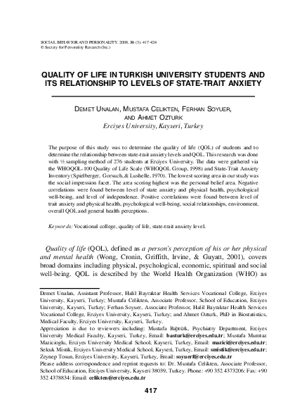(PDF) Quality of Life in Turkish University Students and Its ...