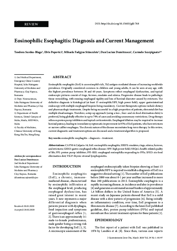 (PDF) Eosinophilic Esophagitis: Diagnosis and Current Management