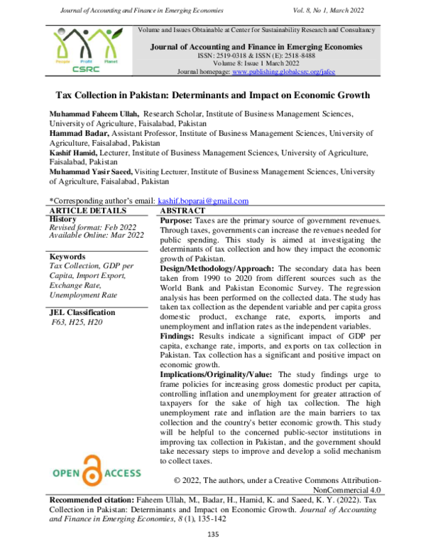 (PDF) Tax Collection in Pakistan: Determinants and Impact on Economic ...