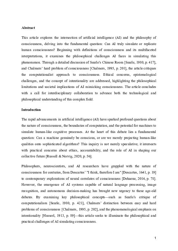(PDF) Artificial Intelligence and The Simulation Of Consciousness