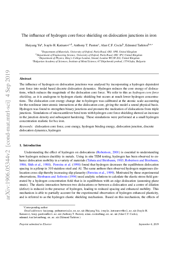 (PDF) Influence of hydrogen core force shielding on dislocation ...