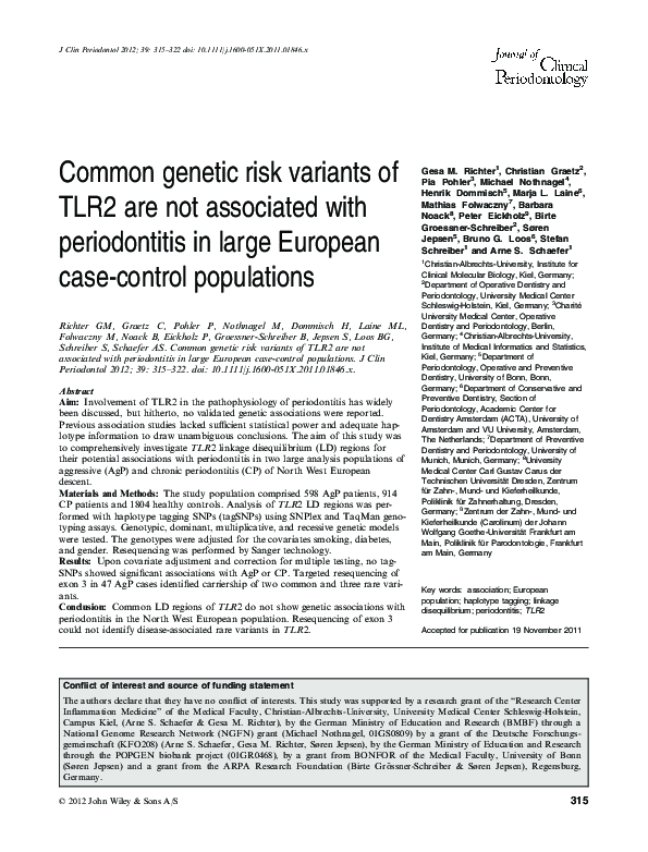 (PDF) Common genetic risk variants of TLR2 are not associated with ...