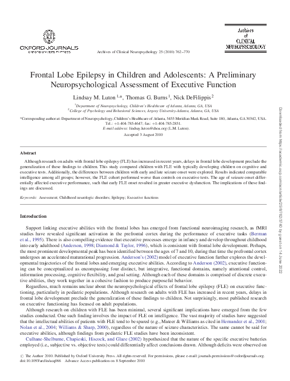 (PDF) Frontal Lobe Epilepsy in Children and Adolescents: A Preliminary ...