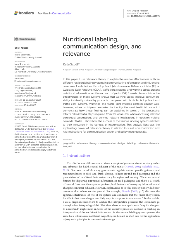 (PDF) Nutritional labeling, communication design, and relevance