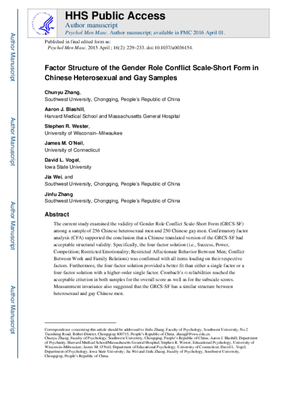(PDF) Factor structure of the Gender Role Conflict Scale-Short Form in ...