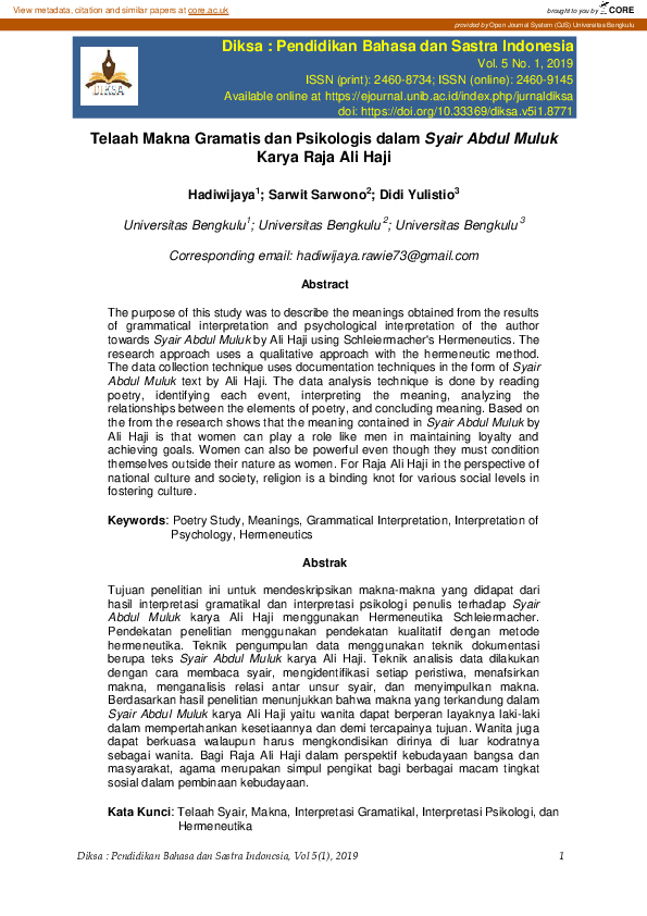 (PDF) Telaah Makna Gramatis dan Psikologis dalam Syair Abdul Muluk ...