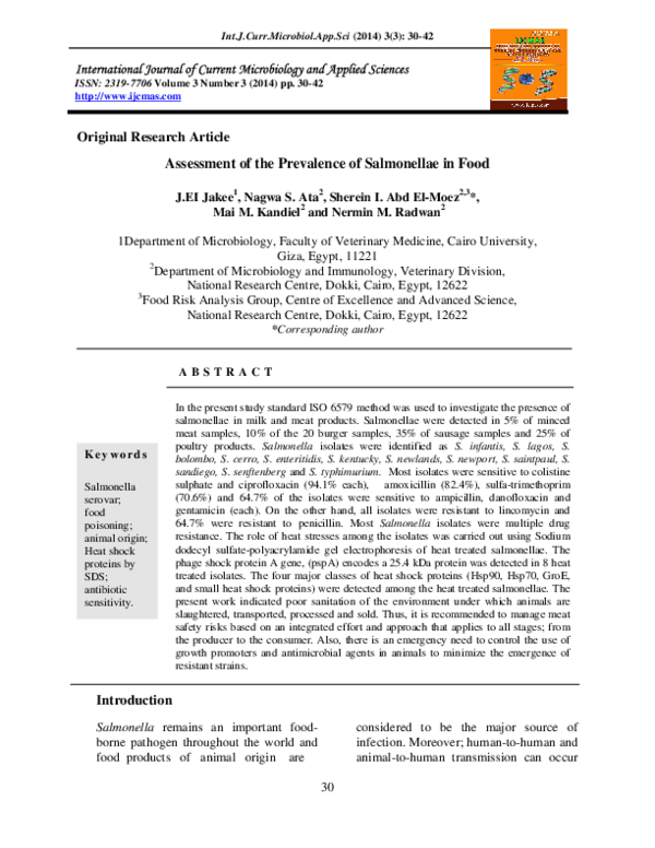 (PDF) Assessment of the Prevalence of Salmonellae in Food