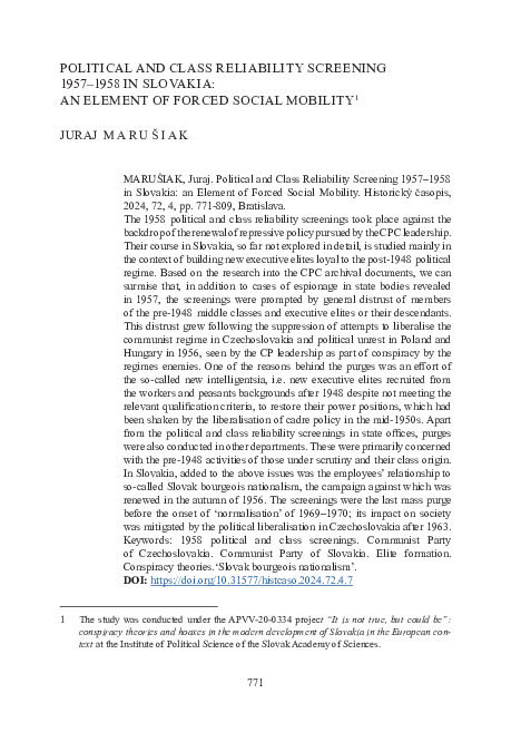 (PDF) POLITICAL AND CLASS RELIABILITY SCREENING 1957-1958 IN SLOVAKIA ...