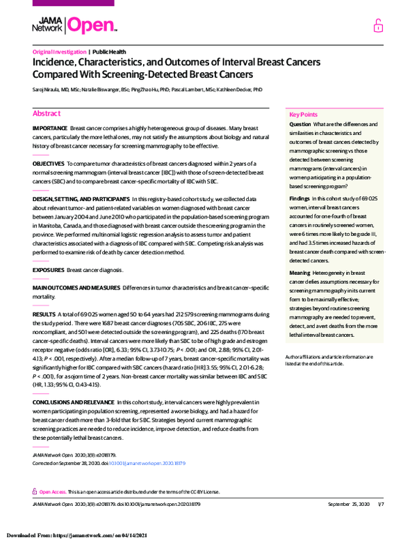 (PDF) Incidence, Characteristics, and Outcomes of Interval Breast ...