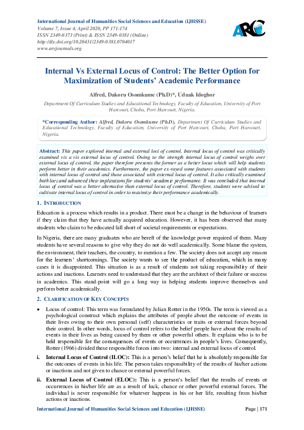 (PDF) Internal Vs External Locus of Control: The Better Option for ...