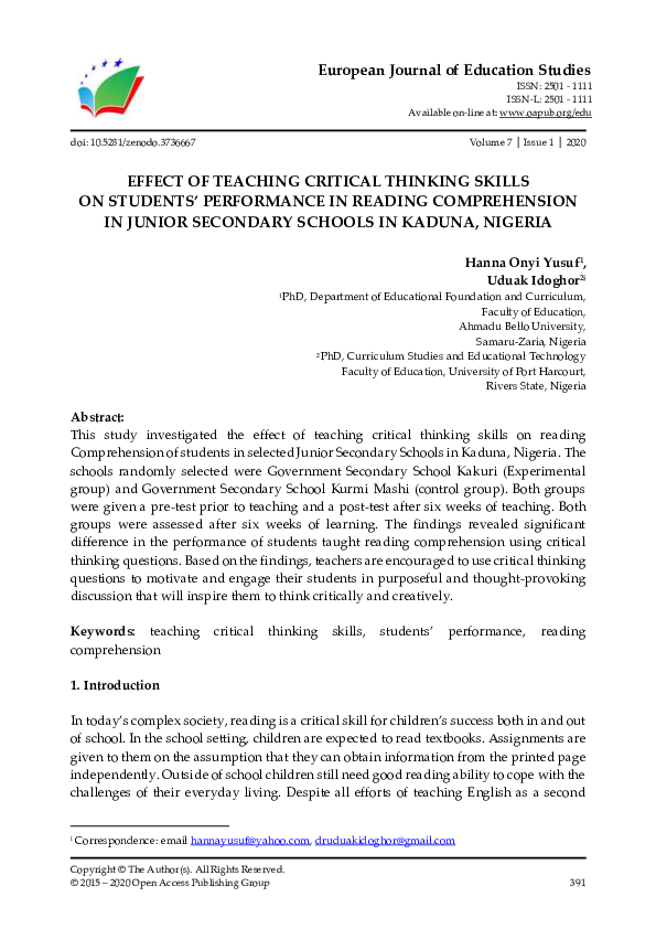 (PDF) Effect of Teaching Critical Thinking Skills on Students ...