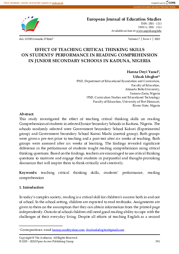 (PDF) Effect of Teaching Critical Thinking Skills on Students ...