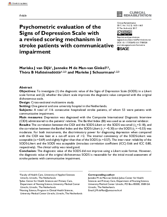 (PDF) Psychometric evaluation of the Signs of Depression Scale with a ...