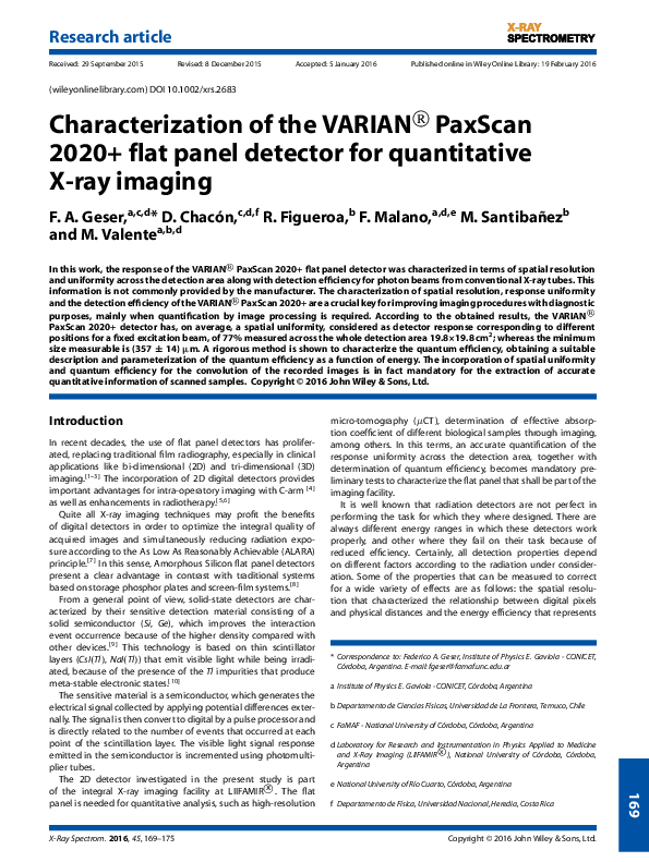 (PDF) Characterization of the VARIAN ® PaxScan 2020+ flat panel ...