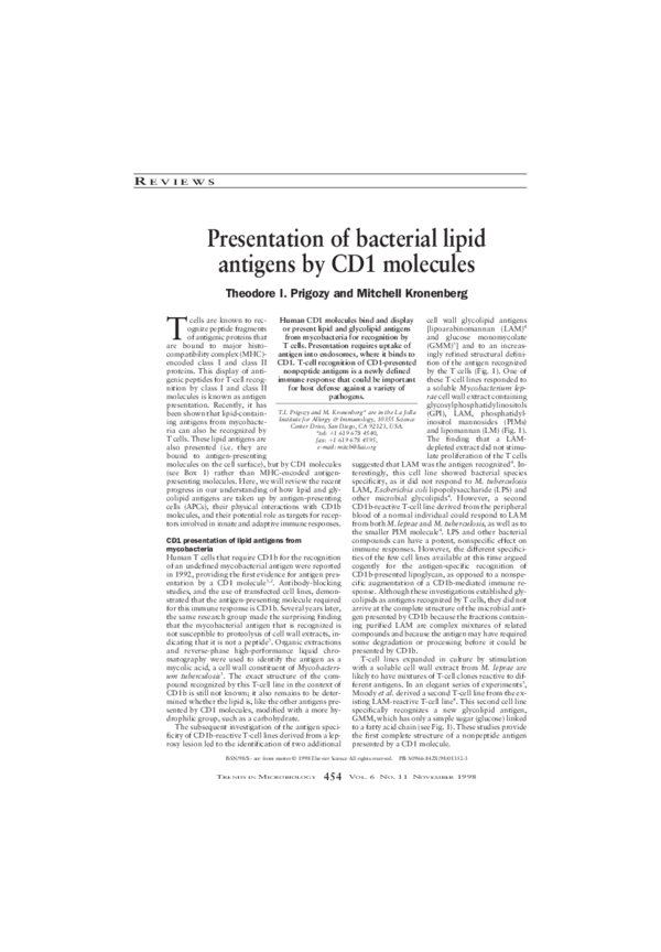(PDF) Presentation of bacterial lipid antigens by CD1 molecules