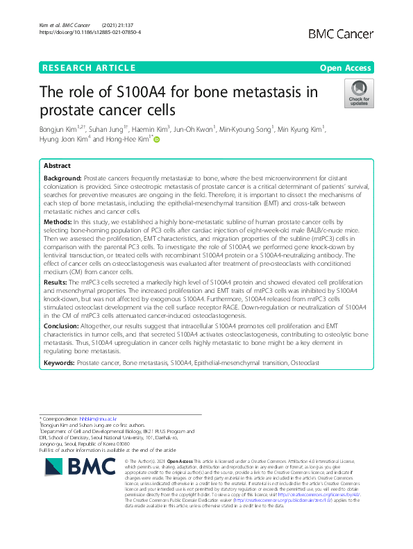 (PDF) The role of S100A4 for bone metastasis in prostate cancer cells