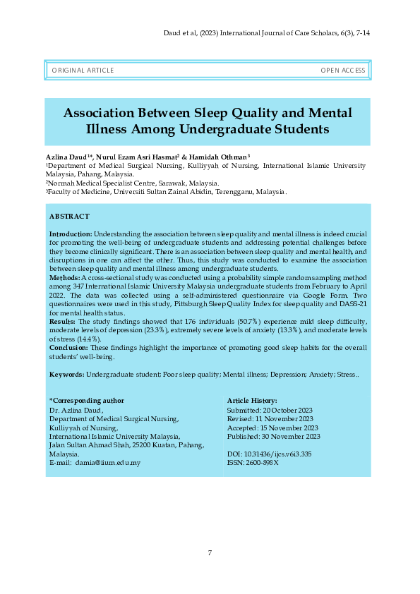 (PDF) Association Between Sleep Quality and Mental Illness Among ...
