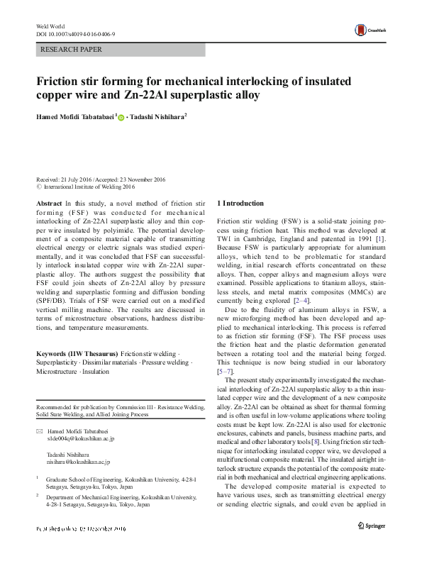 (PDF) Friction stir forming for mechanical interlocking of insulated ...