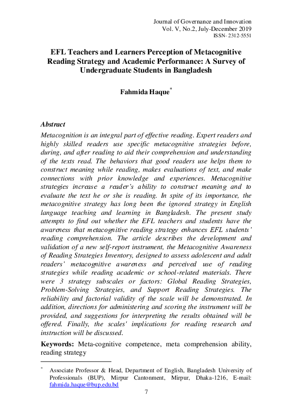 (PDF) EFL Teachers and Learners Perception of Metacognitive Reading ...