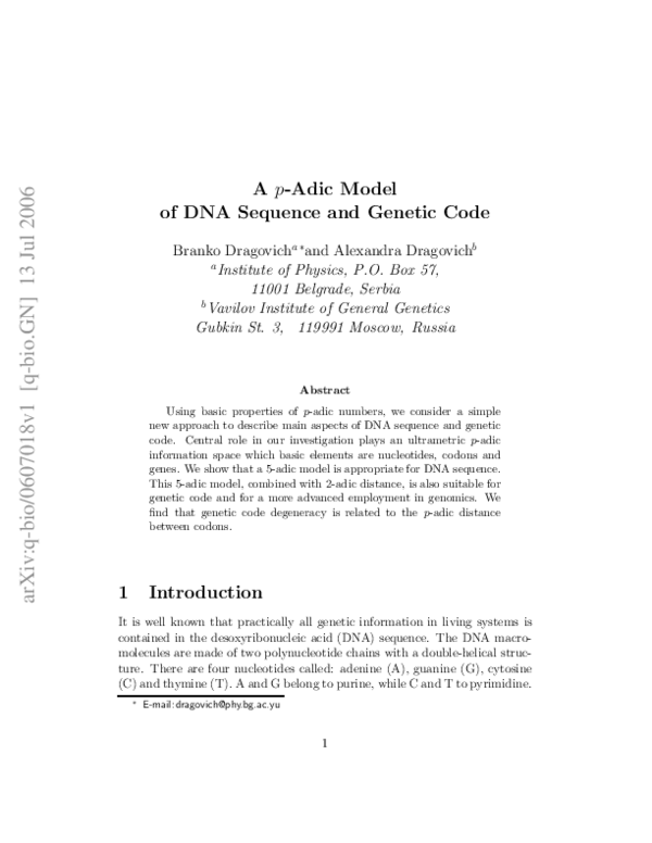 (PDF) A p-adic model of DNA sequence and genetic code