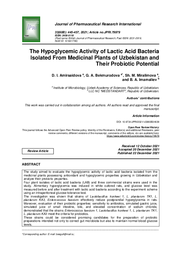 (PDF) The Hypoglycemic Activity of Lactic Acid Bacteria Isolated From ...