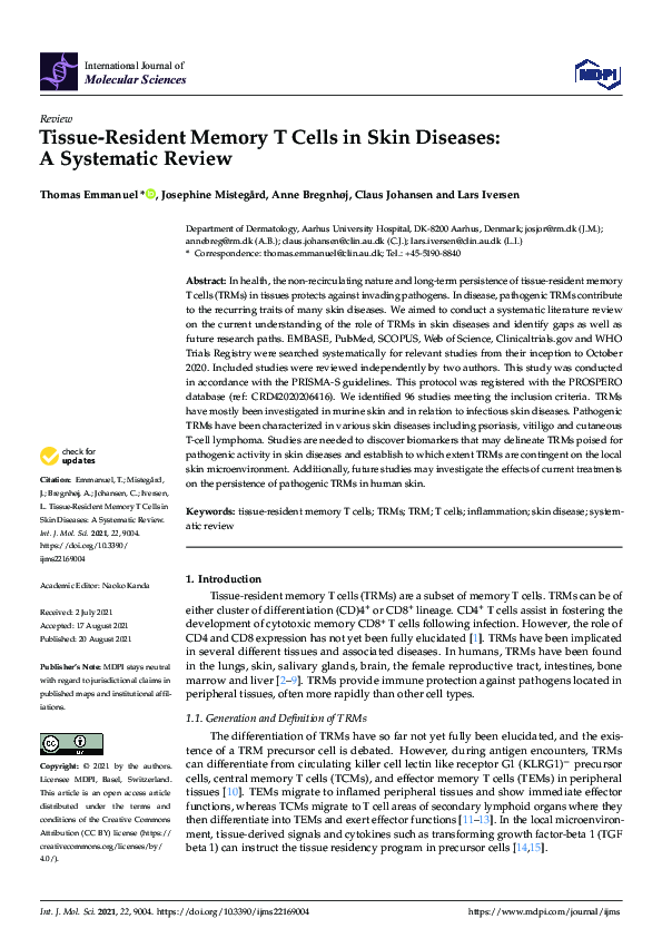 (PDF) Tissue-Resident Memory T Cells in Skin Diseases: A Systematic Review