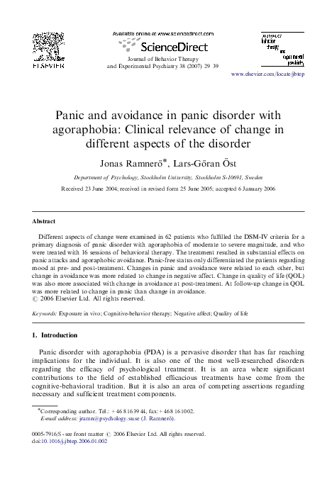 (PDF) Panic and avoidance in panic disorder with agoraphobia: Clinical ...