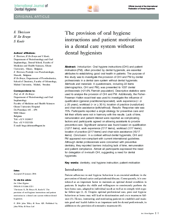 (PDF) The provision of oral hygiene instructions and patient motivation ...