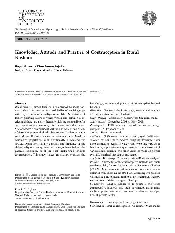(PDF) Knowledge, Attitude and Practice of Contraception in Rural Kashmir