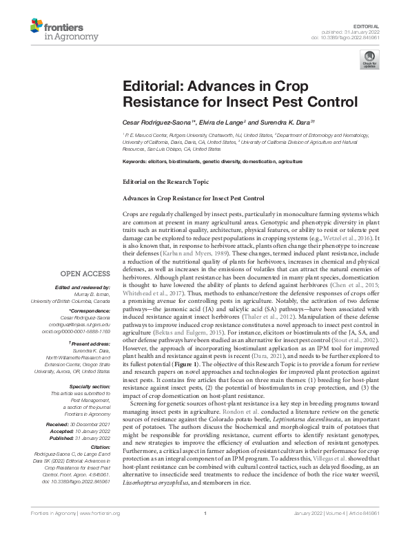 (PDF) Editorial: Advances in Crop Resistance for Insect Pest Control
