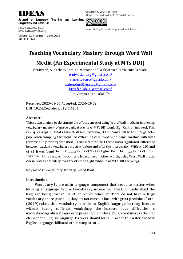 (PDF) Teaching Vocabulary Mastery through Word Wall Media (An ...