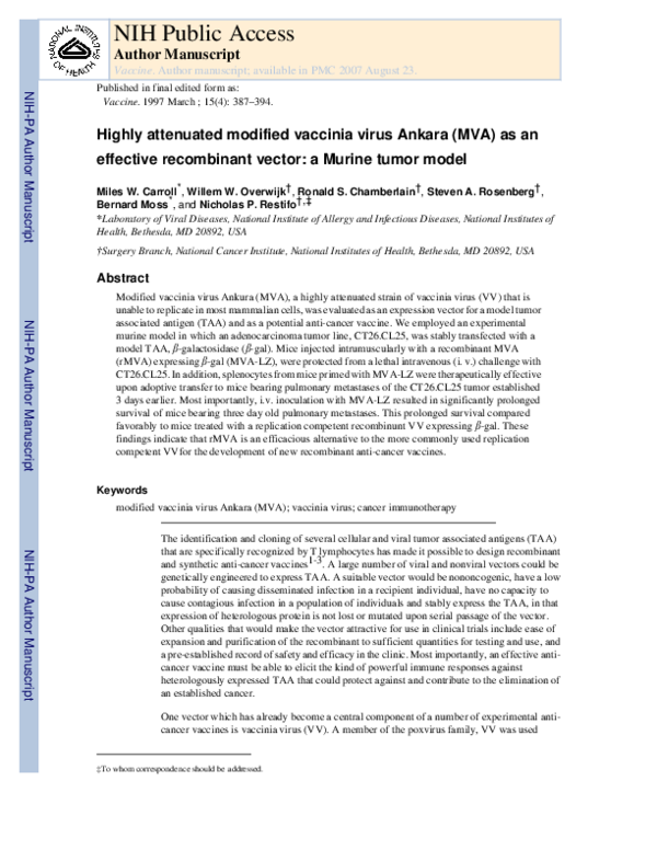 (PDF) Highly attenuated modified vaccinia virus Ankara (MVA) as an ...