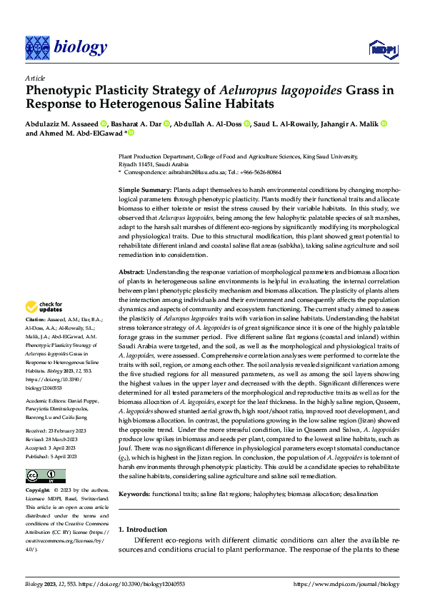 (PDF) Phenotypic Plasticity Strategy of Aeluropus lagopoides Grass in ...