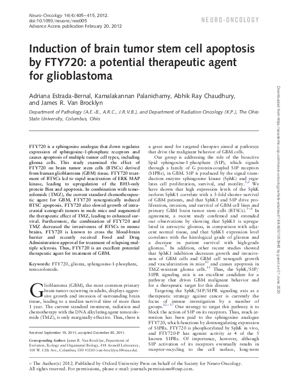 (PDF) Induction of brain tumor stem cell apoptosis by FTY720: a ...