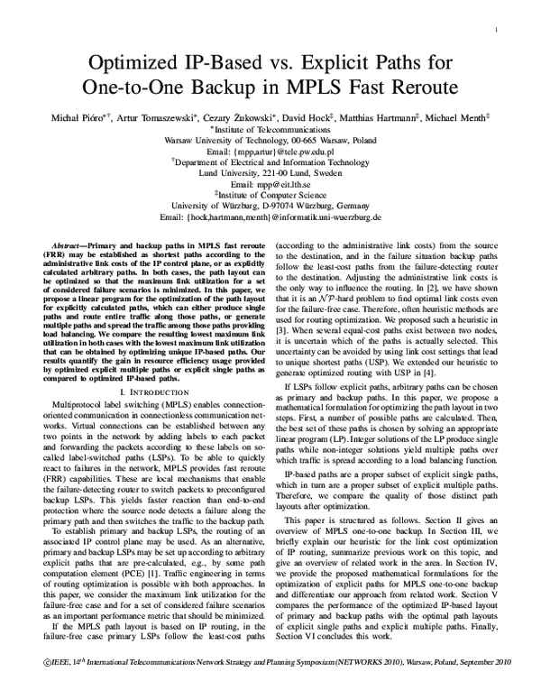 (PDF) Optimized IP-based vs. explicit paths for one-to-one backup in ...