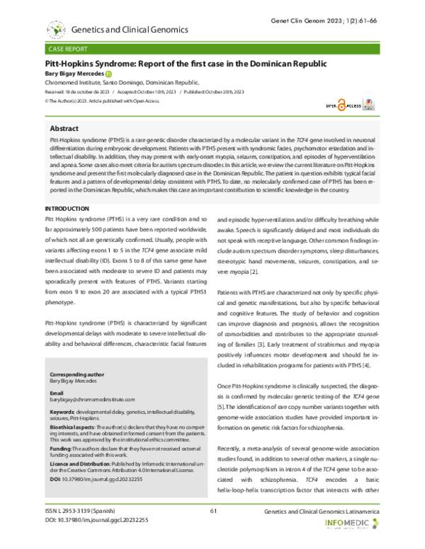 (PDF) Genetics and Clinical Genomics Pitt-Hopkins Syndrome: Report of ...