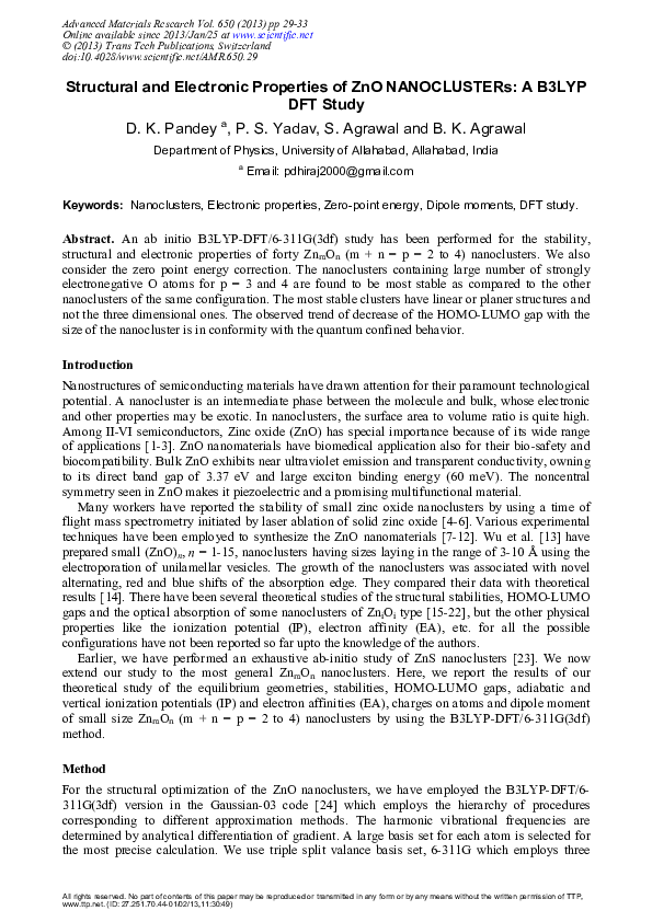 (PDF) Structural and Electronic Properties of ZnO NANOCLUSTERs: A B3LYP ...