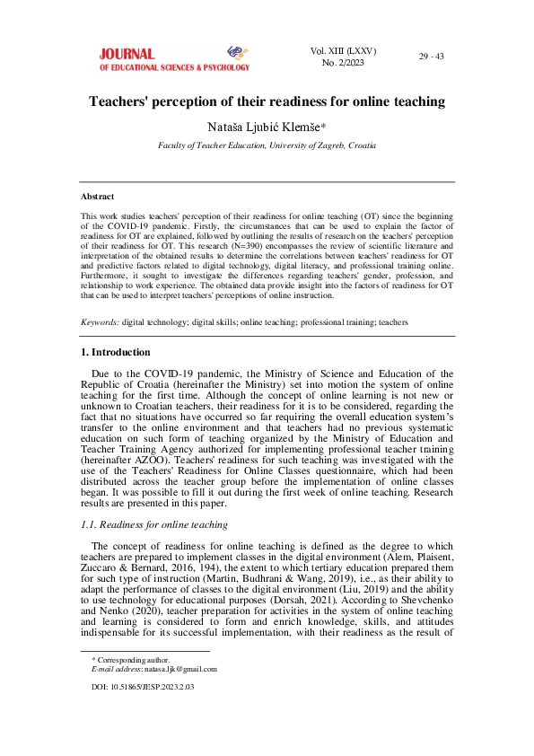 (PDF) Teachers' perception of their readiness for online teaching