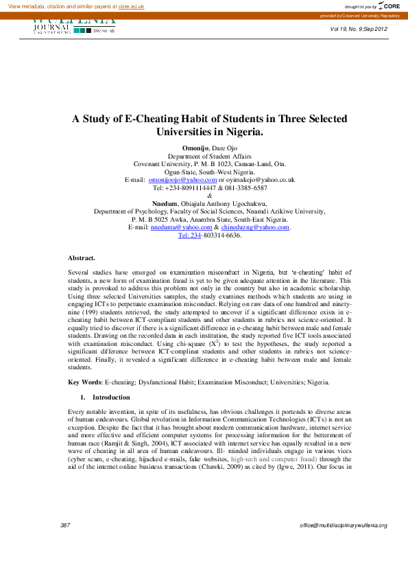 (PDF) A Study of E-Cheating Habit of Students in Three Selected ...