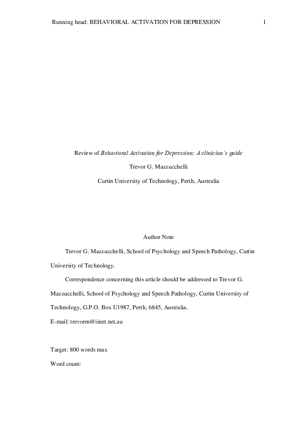 (PDF) Review of behavioral activation for depression: A clinician’s guide