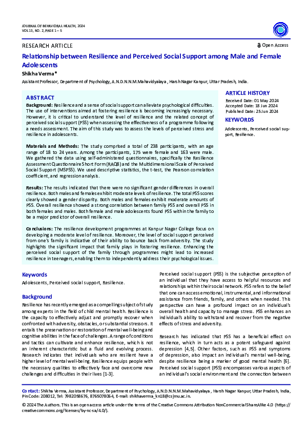 (PDF) Relationship between Resilience and Perceived Social Support ...