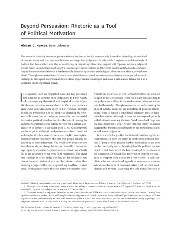 (PDF) Beyond Persuasion: Rhetoric as a Tool of Political Motivation