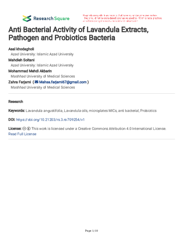 (PDF) Anti Bacterial Activity of Lavandula Extracts, Pathogen and ...