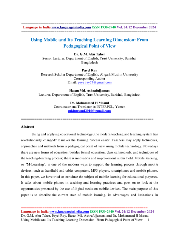 (PDF) Using Mobile and Its Teaching Learning Dimention From Pedagogical ...
