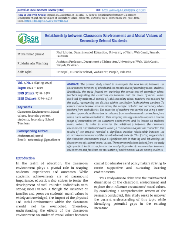 (PDF) Relationship between Classroom Environment and Moral Values of ...