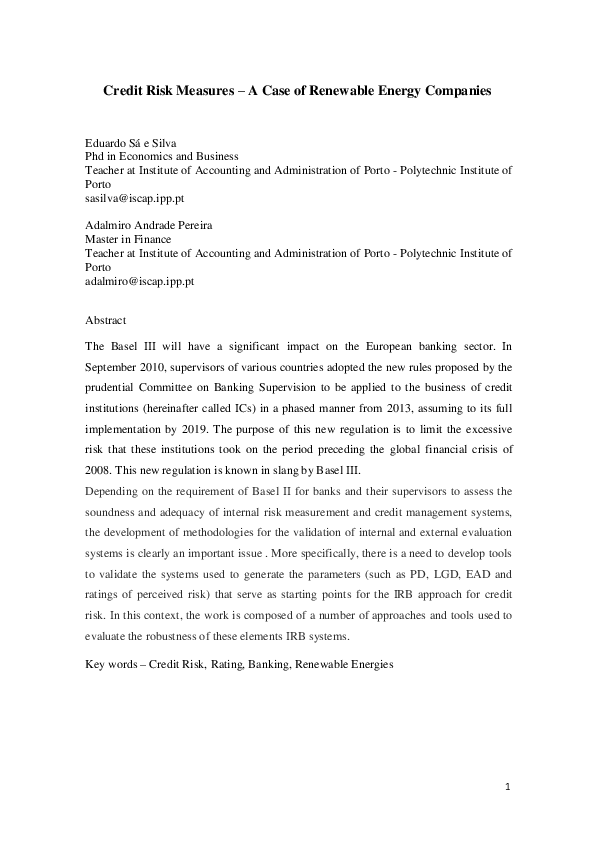 (PDF) Credit risk measures – a case of renewable energy companies