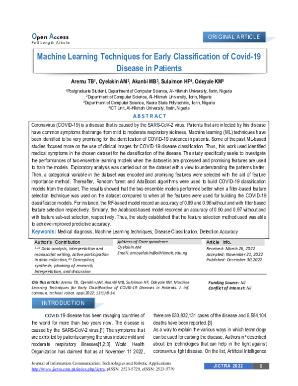 (PDF) Machine Learning Techniques for Early Classification of Covid-19