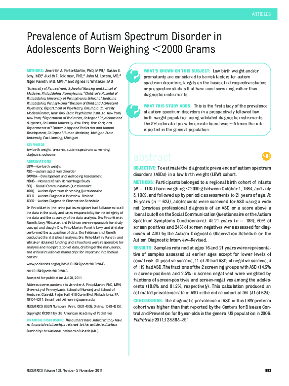 (PDF) Prevalence of Autism Spectrum Disorder in Adolescents Born Weighing