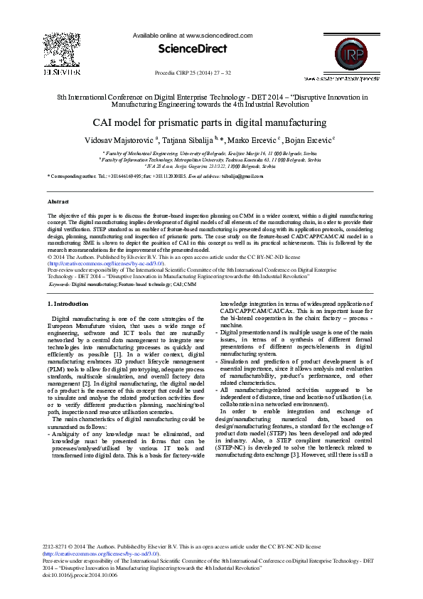 (PDF) CAI Model for Prismatic Parts in Digital Manufacturing